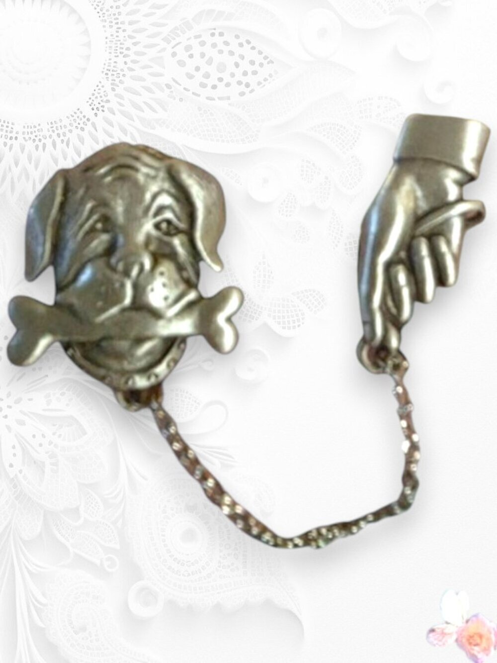 JJ Jonette Walk the Dog Chain 2 Pin Hand Lapel Pin Figural Pewter Silver Tone